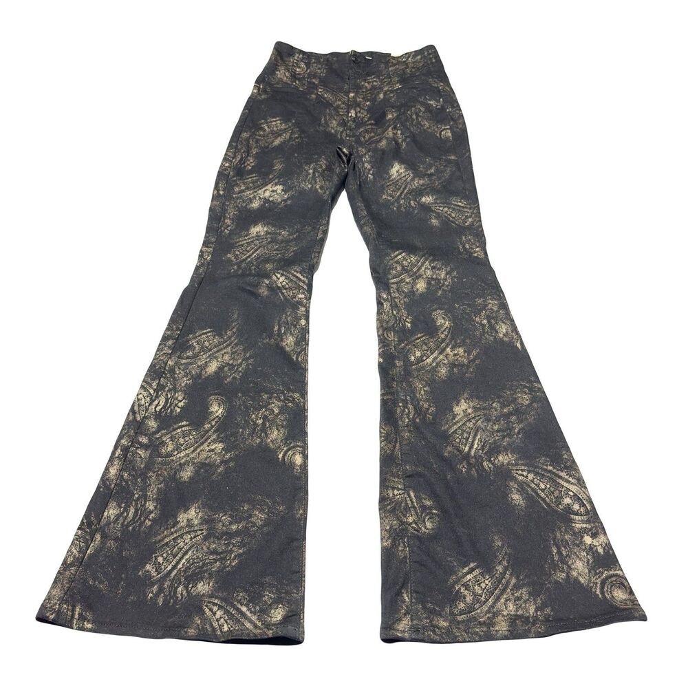 Free People Jayde Metallic Paisley High Rise Flare Pants Black Gold Size 29 NWT